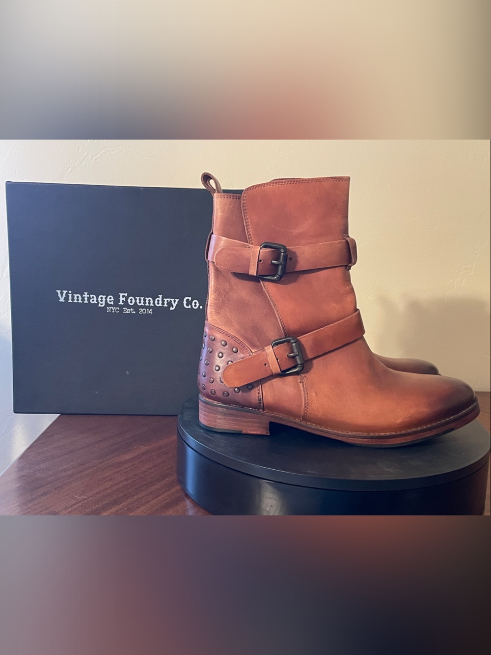 Vintage Foundry Co Sherry Leather Moto Boots Buckle Straps Studs 8.5 New in Box
